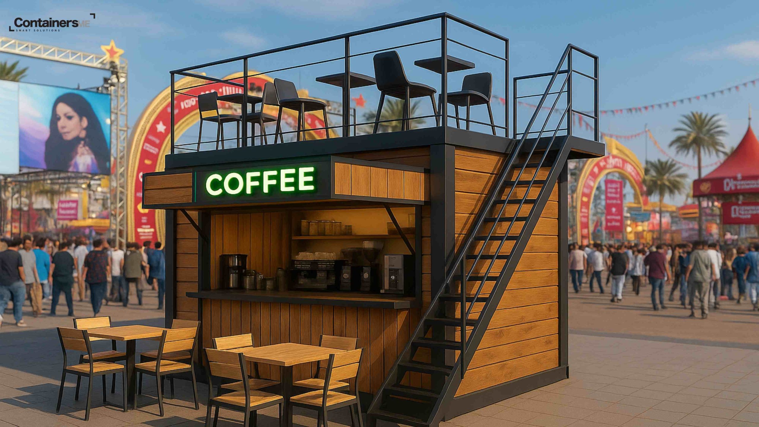 container kiosk made using modular mobile container with wooden glading in the side pannels 